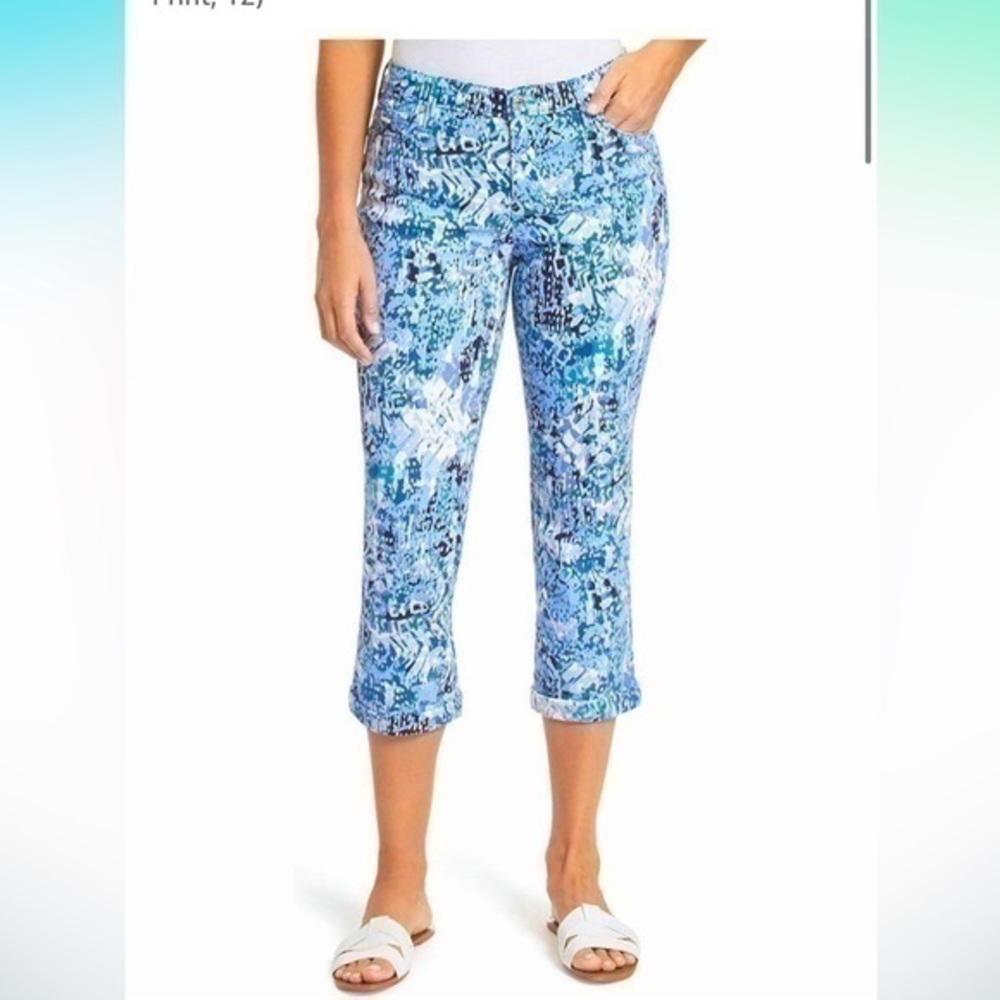 Nine West Blue Multi Abstract Print Capri Pants